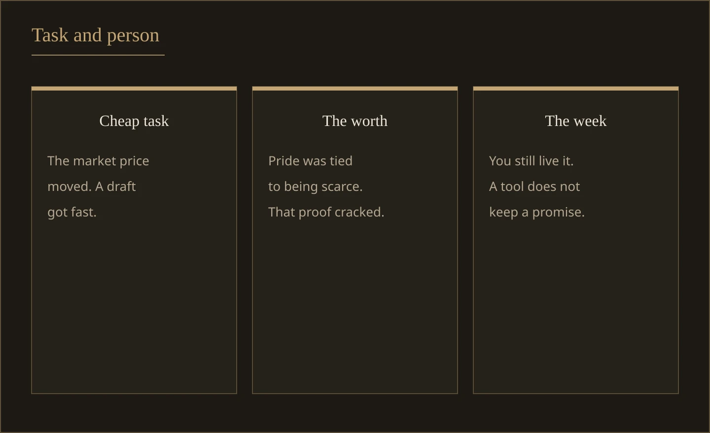Three columns labeled the cheap task, the worth you attached to it, and the week you still live. The tool changes the first column. It does not settle the other two.